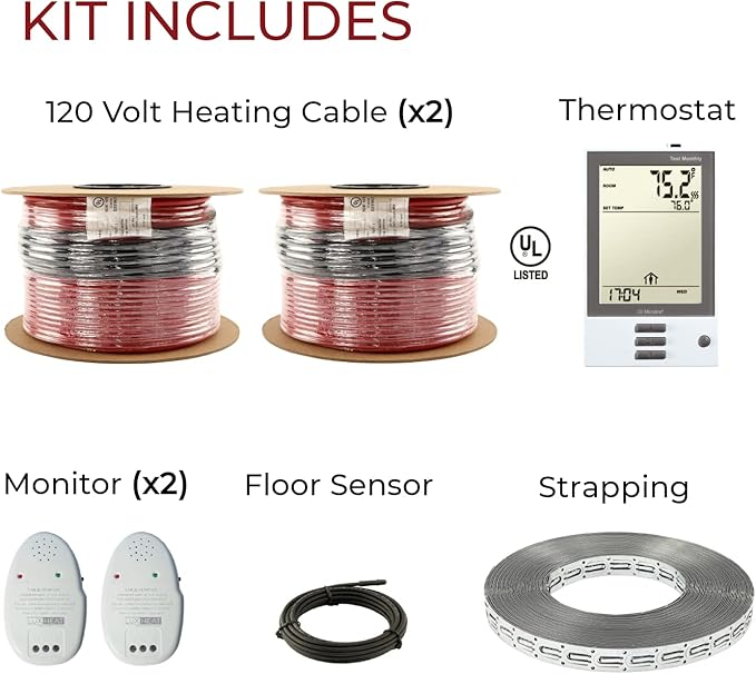150sqft Floor Heating Cable Kit - 120v Heated Flooring Kit - Heated Flooring System Includes UDG Programmable Thermostat w/GFCI, Radiant Floor Heating Cable, Strapping, Sensor & Alarm