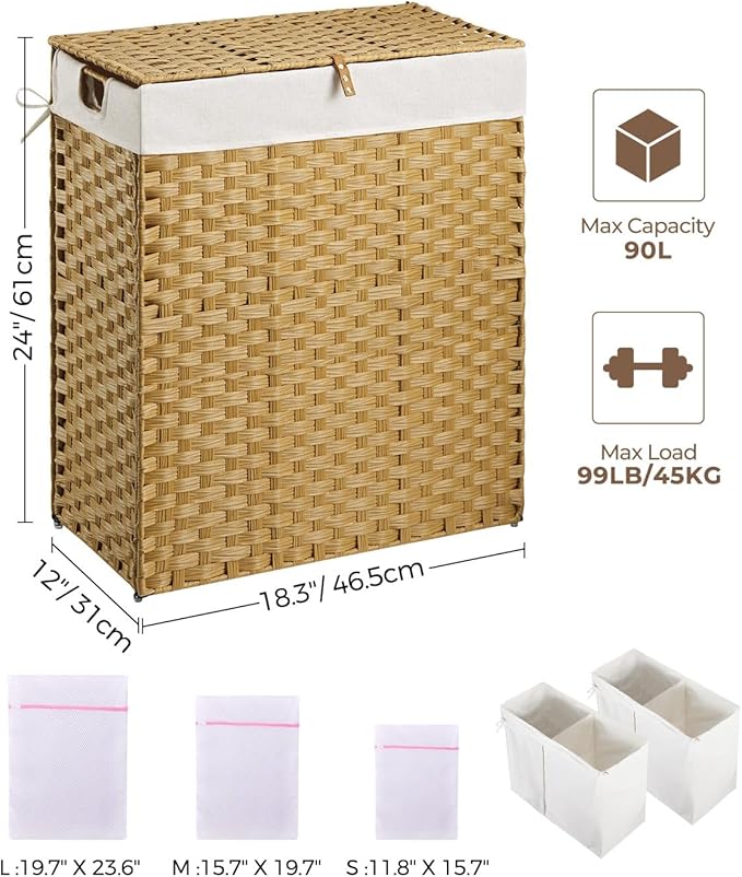 Greenstell Laundry Hamper No Install Needed, Divided Clothes Hamper with 2 Removable Liner Bags, 90L Handwoven Synthetic Rattan Laundry Basket with Lid and Handles, Foldable Natural