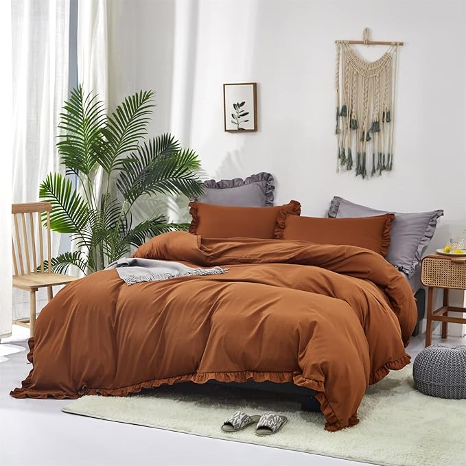 Luxlovery Ruffle Pumpkin Comforter Set King Farmhouse Rust Terracotta Bedding Comforter Set Shabby Boho Solid Cotton Blanket Quilts Vintage Rustic Pumpkin Bedding Set for King Bed