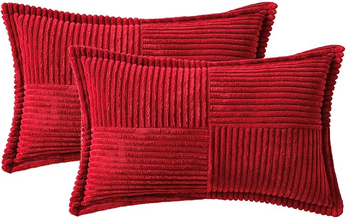 MIULEE Christmas Decorative Lumbar Throw Pillow Covers for Couch Bed Livingroom 12x20 Inch Set of 2 Red Boho Accent Throw Pllows Broadside Striped Patchwork Soft Corduroy Pillowcases