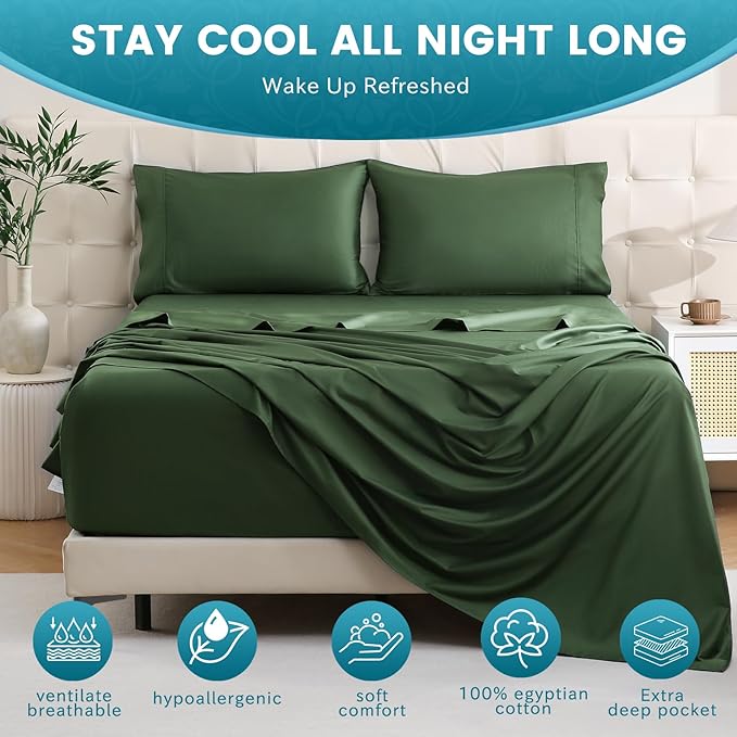 Bedlifes King Sheet Set, Extra Deep Pocket 18-24 Inches,1000Thread Count 100% Egyptian Cotton, Soft and Breathable Sateen 4-Piece,Forest Green