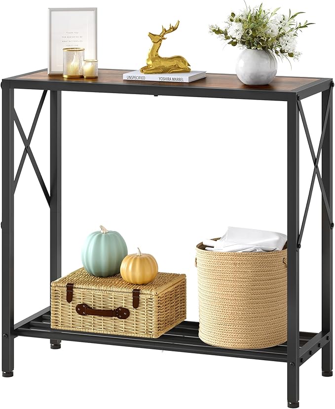 Tajsoon Console Table, 2 Tier Small Hallway Table, Narrow Sofa Table for Entryway with Open Shelves for Living Room, Hallway, Foyer, Office, Rustic Brown