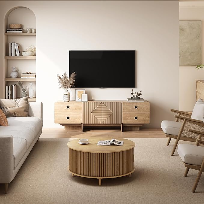 66" Fluted TV Stand, Boho TV Consoles for Living Room, Modern Entertainment Center with Storage, Media Console Cabinet for 75 inch TV(Oak)