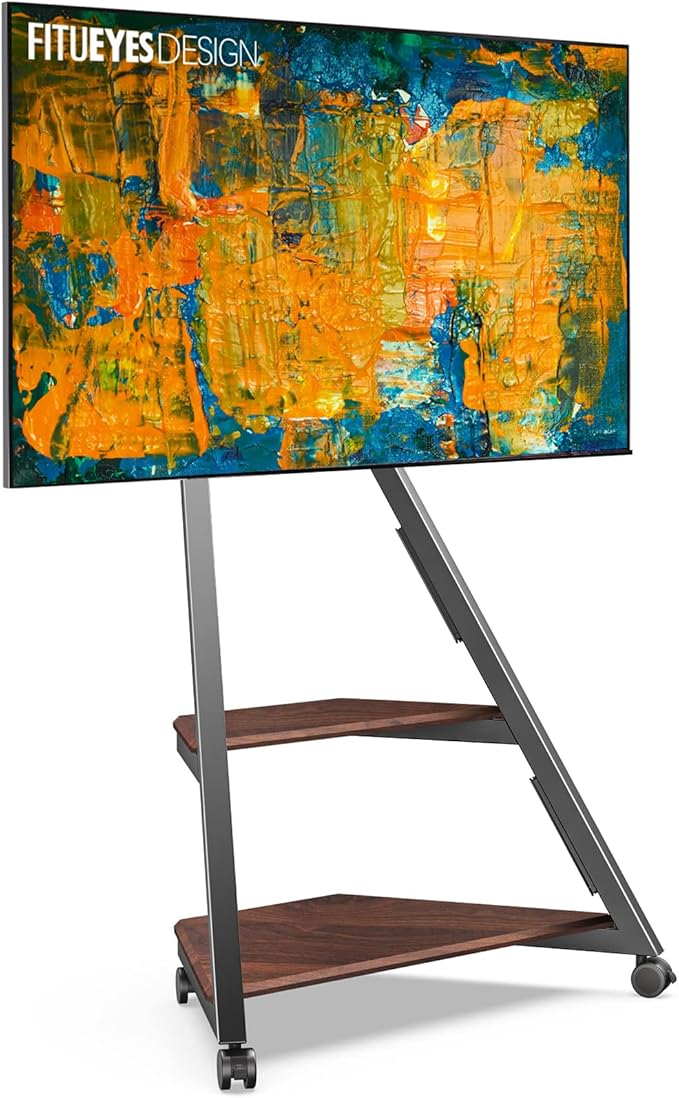 FITUEYES Design Corner TV Stand for 32 43 50 55 65 Inch TVs, Small Spaces Floor TV Stand Rolling TV Cart for LCD/LED Flat Curved Screens, Modern Living Room Television Stands, Eiffel Series, Walnut