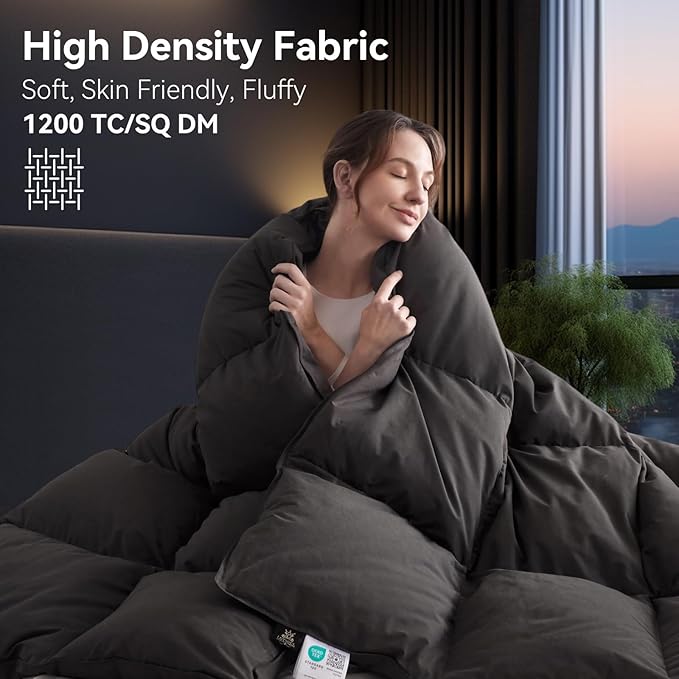 L LOVSOUL 75% Goose Down Fiber Comforter King Size, 750+ Fill Power Hotel Style Bedding Comforter, 1200TC, Fluffy Ultra Soft All Season Gery Duvet Insert with 8 Corner Tabs