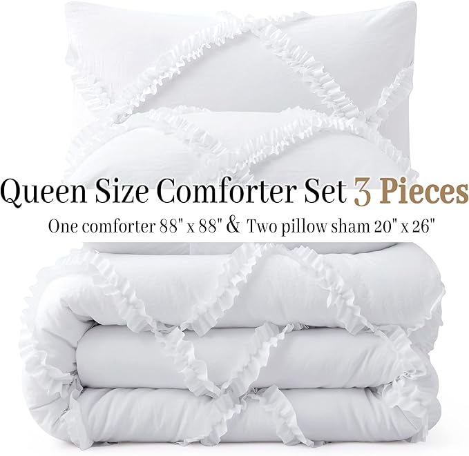 Bonlino Queen Comforter Set Soft Bedding - 3 Pcs Tufted Decor Fluffy Comforter Boho Bed in a Bag with Cute Lightweight Pillowcase for Dorm Farmhouse Bedroom Luxury Gift(White)