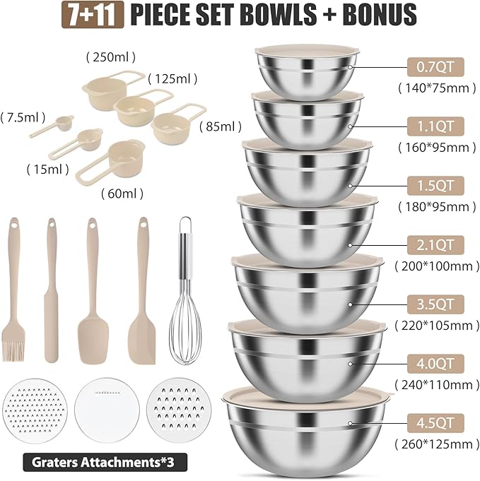 7-Piece Stainless Steel Mixing Bowls Set with Lids & 3 Grater Attachments – Size 4.5, 4, 3.5, 2.1, 1.5, 1.1, 0.7QT, Kitchen Gadgets Set for Cooking, Baking, and Serving, Khaki