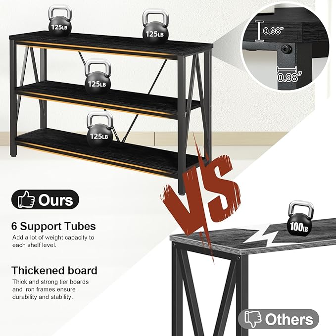 HOMISSUE Entryway Console Table, Rustic Console Tables with Wide Storage, Industrial Foyer for Entry with 3-Tier Open Shelves, Entryway Table for Living Room, Hallway, Black, 47 Inch