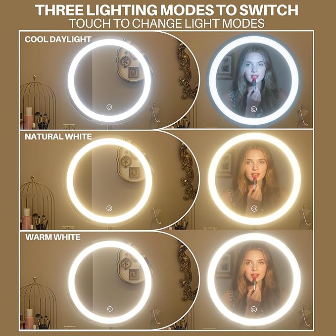 WinZo 24" Vanity Desk with Mirror and Lights, Small Makeup Vanity Table with 1 Storage Drawers, 3 Color Touch Screen Stylish Dressing Table for Small Spaces & Bedroom, Gray