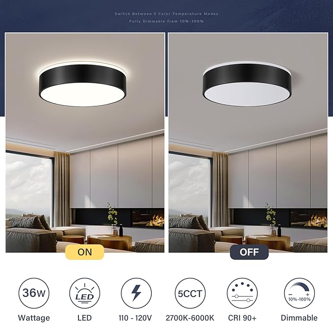 Dimmable Black LED Large Flush Mount Ceiling Light, 5CCT 2700K-6000K Ceiling Light Fixture,Modern Minimalist Round Metal Ceiling Lamp for Bedroom, Kitchen, Living Room 36W- 15.7in