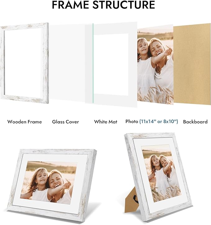 11x14 Picture Frame with Real Glass - 8x10 Wooden Frame with Mat, Horizontal and Vertical Display for Wall or Tabletop (Distressed White, 1 Pack)