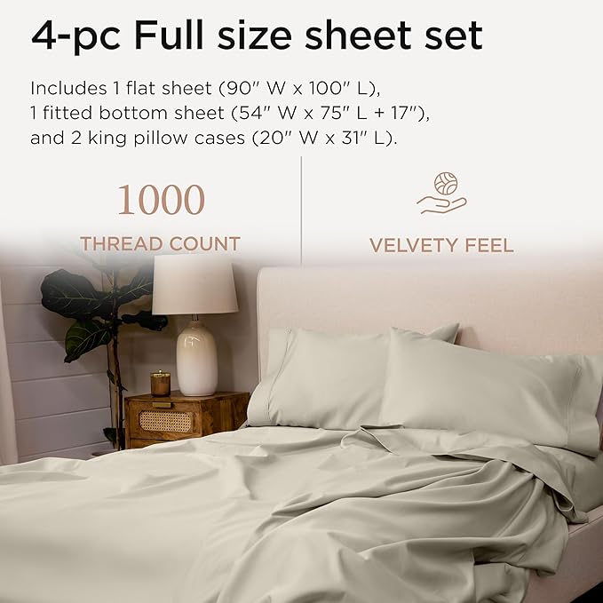 Threadmill Luxury Full Size Sheets for Full Size Mattress, 1000 Thread Count Supima Cotton Sheets for Full Mattress, 5-Star Hotel Quality 4 Piece Bed Sheets with Extra Deep Pocket, Taupe
