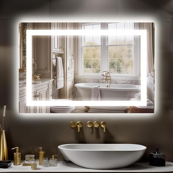 Antok 24"x 36" LED Bathroom Mirror with Lights, Anti-Fog, Dimmable, Lighted Vanity Mirror with Tempered Glass, Memory Function, 3 Light Modes, Safe Use, Horizontal, Vertical