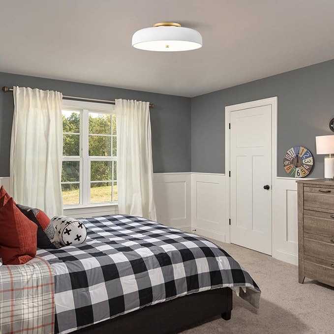 Dimmable LED Ceiling Light Fixture, 2700K-6000K 5CCT Modern Mid-Century Semi Flush Mount Ceiling Light, White Close to Ceiling Lamp for Bedroom, Living Room, Kitchen, Laundry Room, 15.7in