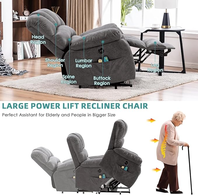 MEETWARM Tall Man Large Power Lift Electric Recliner Chair with Extended Footrest for Elderly, Overstuffed Wide Recliner with Heat & Massage, 2 Remote Controls, Side Pockets, USB Ports(Gray)