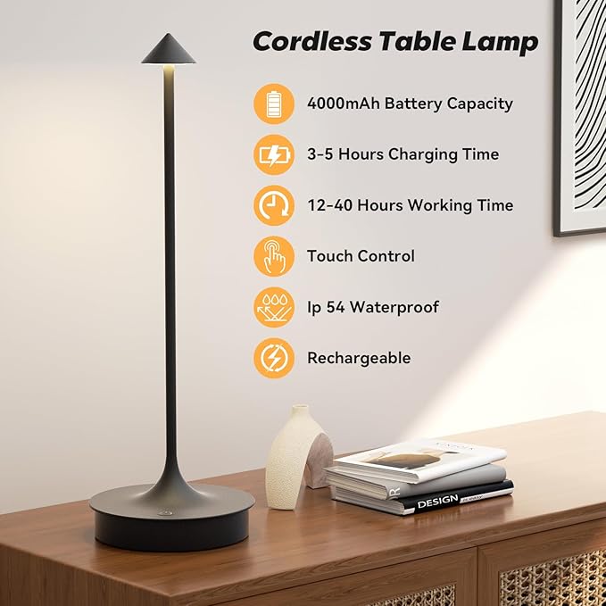 Small Cordless Table Lamp Rechargeable, Battery Operated Desk Lamp, 4000mAh LED Touch Lamp, Dimmable Portable Outdoor Waterproof Wireless Table Light for Restaurants/Bars/Outdoor(1PC, Black)