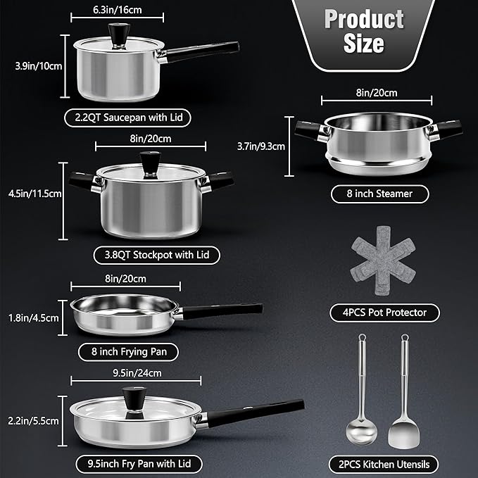 Stainless Steel Cookware Set, 14-Piece Pots and Pans Set, Kitchen Cooking Pan Set with Stay-Cool Handle, Non Toxic, Dishwasher Safe, Compatible with All Stovetops - Gas, Electric, Induction