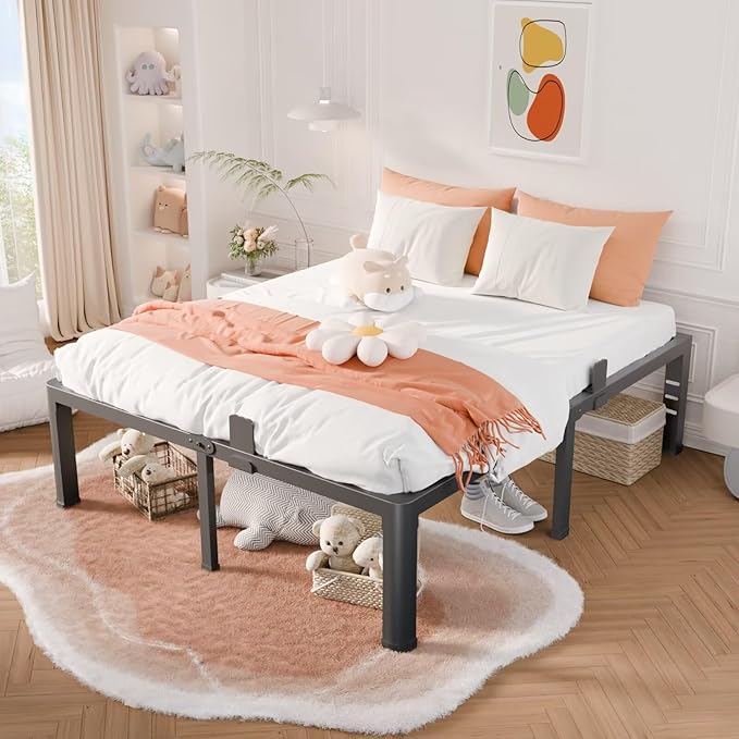 18 Inch King Bed Frame with Rounded Corner and Headboard Hole Mattress Retainers 3500 lbs Heavy Duty Support Metal Platform Bed Frame Noise Free No Box Spring Needed Easy Assembly