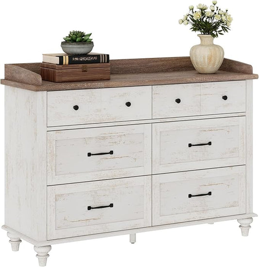 WAMPAT Kids Dresser for Bedroom with 6 Drawers, Rustic White Baby Dresser with Wide Chest of Drawers, Farmhouse Kids Closet Storage Organizer, Wood Dressers for Living Room, Nursery, Hallway