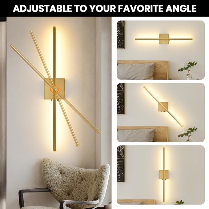 Battery Operated Wall Sconces Set of 2, 11000mAh Wireless Rechargeable Gold Wall Lights with Remote Control, 350°Rotate Dimmable Wall Lamp, 3 Color Temperatures, for Bedroom, Living Room, Hallway