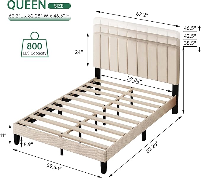 Queen Bed Frame,Modern Queen Size Bed Frame Fabric Platform Bed Frame with Upholstered Headboard and Wooden Slats Support,Easy Assembly,No Box Spring Needed, Beige