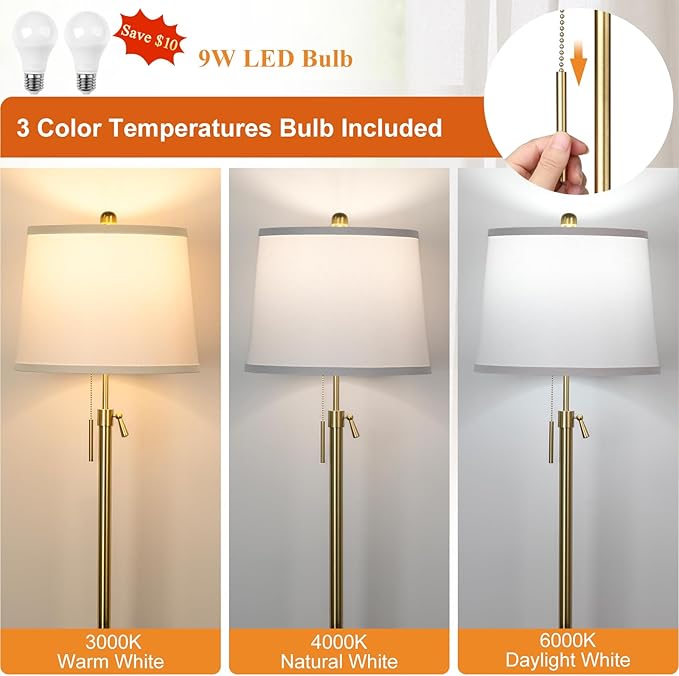 Gold Table Lamps Set of 2, Adjustable Height Tall Lamp with White Shade 3 Color Temperature Pull Chain Modern Brass Lamp for Living Room Bedroom Bedside End Table Nightstand (9W LED Bulbs Included)