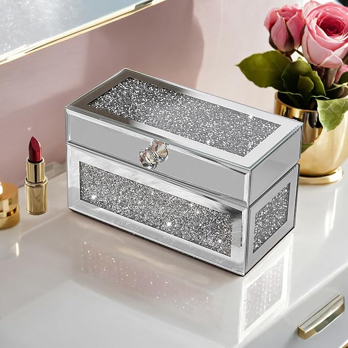 Glass Lipstick Organizer,21 Space Rollerball Perfume Organizer with Lid,Lip Gloss Organizer for Vanity, Crushed Diamond Home Decor