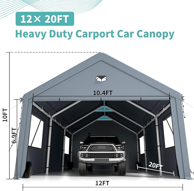 Carports 12X20 Heavy Duty，Car Ports with 180G Removable Side Walls, Carport Canopy, Portable Car Port Garage, Car Shelter All Weather,Gray