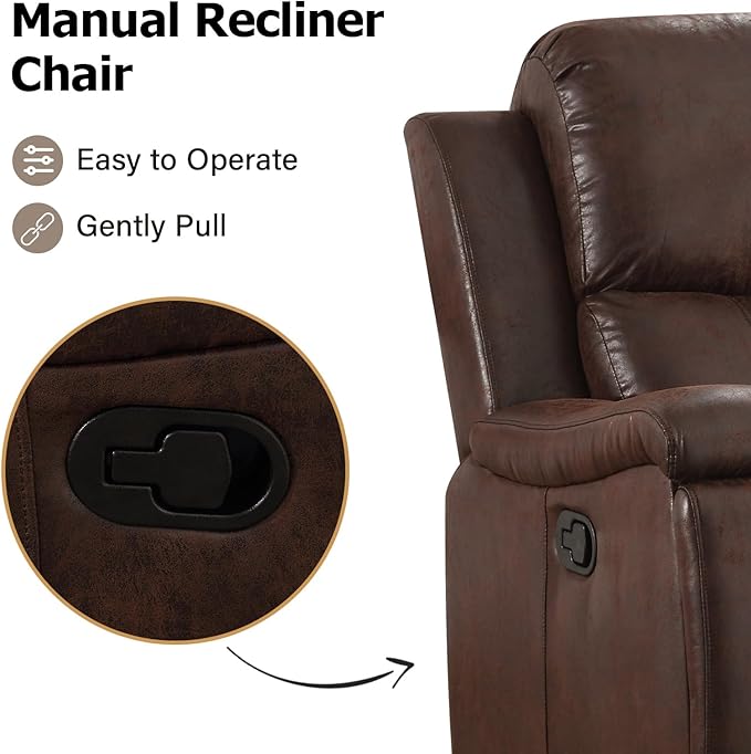 CANMOV Leather Recliner Chair, Classic and Traditional Manual Recliner Chair with Overstuffed Arms and Back, Manual Single Sofa with Concealed Cup Holders,Red Brown