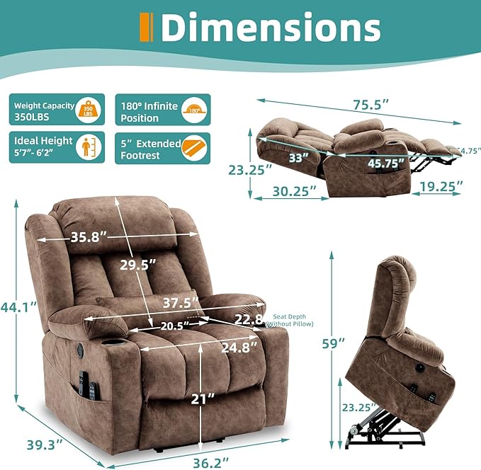 MEETWARM Oversized Dual Motor Lay Flat Power Lift Recliner Chair for Big Man with Heat Massage, Large Sleeping Electric Recliner with Extended Footrest, Lumbar Pillow, USB & Type-C Ports, Plush-Brown