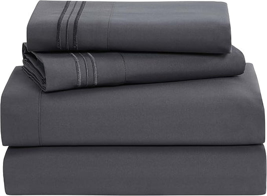 Clara Clark Bed Sheets, Premier 1800 Series 4 Piece Bed Sheet Set, Deep Pocket, Wrinkle, Fade, Stain Resistant, Luxury Soft Bedding Sheets & Pillowcases, Queen, Charcoal Gray