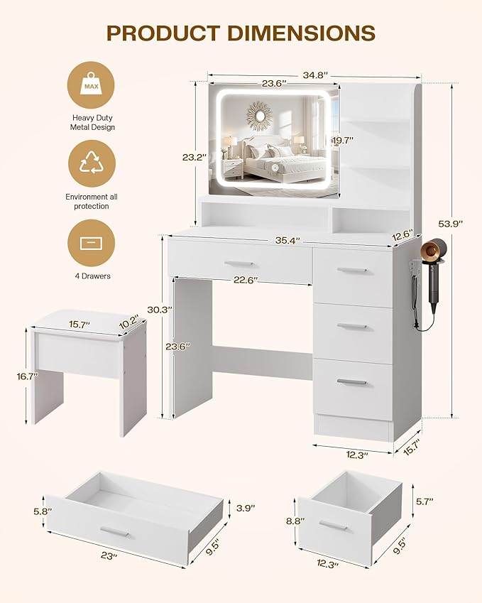 Makeup Vanity Desk Set, 35.4“Wx15.7”Dx53.9“H, White (Smart LED Mirror, with Cushion Stool, Hairdryer Rack, Power-Outlet, 4 Drawers, Open Shelves)