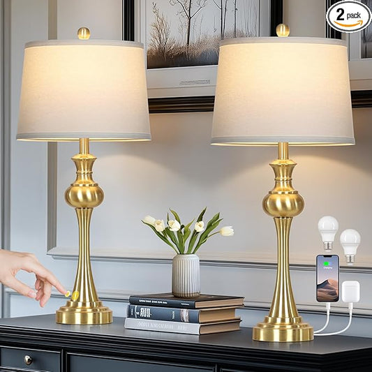 28.75" Gold Table Lamps for Living Room,Touch Lamps for Bedrooms Set of 2 - Nightstand Table Lamp with USB C+A, 3 Way Dimmable Bedside Lamps End Tables, Antique Brass
