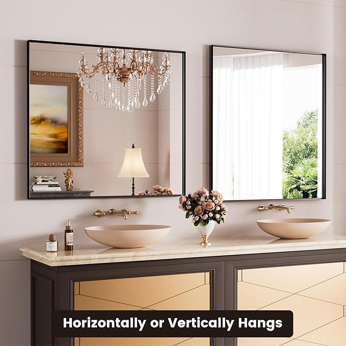 40x36 Inch Black Bthroom Mirror,Black Metal Frame Vanity Mirror for Wall, Square Corner, Rectangle,Tempered Glass,Anti-Rust (Horizontal/Vertical), Bedroom, Living Room, Entryway