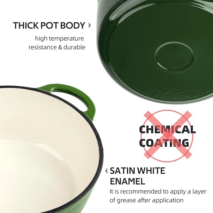 3 Quart Dutch Oven Enameled Cast Iron with Lid - Big Dual Handles - Oven Safe up to 500°F - Classic Round Pot for Versatile Cooking Green