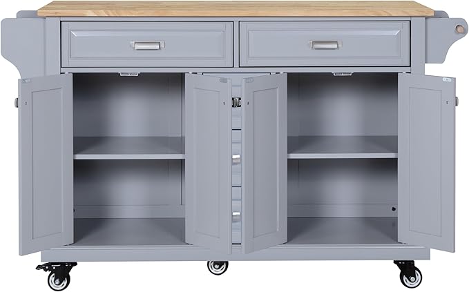 Generic 60.5"" Kitchen Island on Wheels, Rolling Island Table for Kitchen with Double Storage Cabinet and 5 Drawers, Portable Kitchen Cart with Rubber Wood Top, Grey, Large