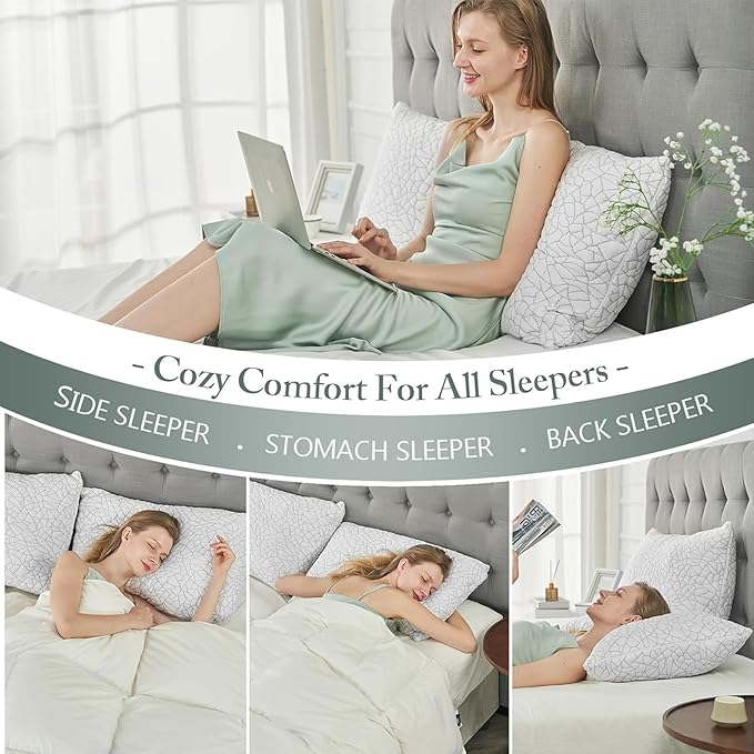 BPC Premium Rayon Derived from Bamboo Pillows King Size Set of 2 - Adjustable Shredded Memory Foam Pillow with Removable Cover Firm Pillow for Side Stomach and Back Sleepers, CertiPUR-US