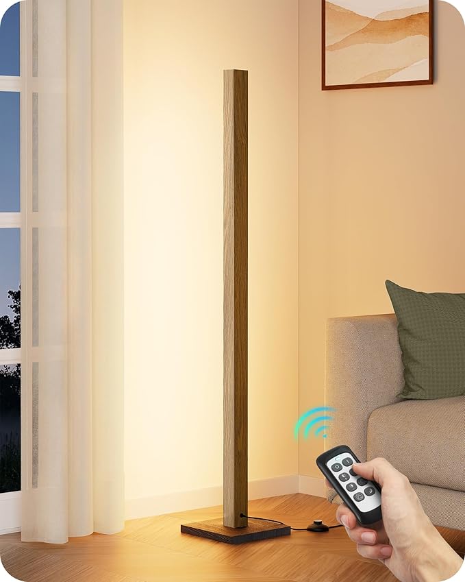 EDISHINE Wood LED Corner Floor Lamp, Modern Dimmable Light with Remote, Minimalist Standing Floor Lamps for Living Room, Bedroom, Office, 7 Color Temperature 2700~6000K, 48.43"