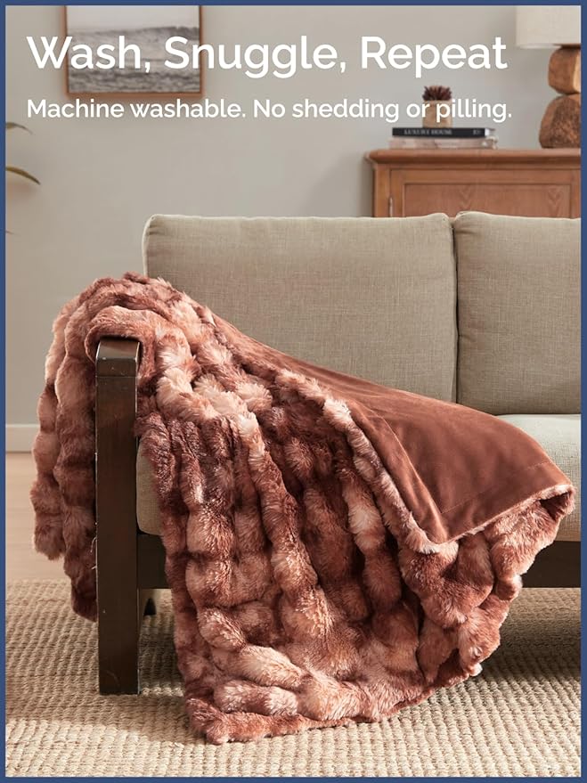 Fluffy Throw Blanket Queen Size - Faux Fur Throw for Couch or Bed - Plush Soft Extra Thick Faux Fur Rabbit Blanket - Comfy, Warm & Breathable - Luxury Minky Tie Dye Bedding - 90" x 90", Marble Brown