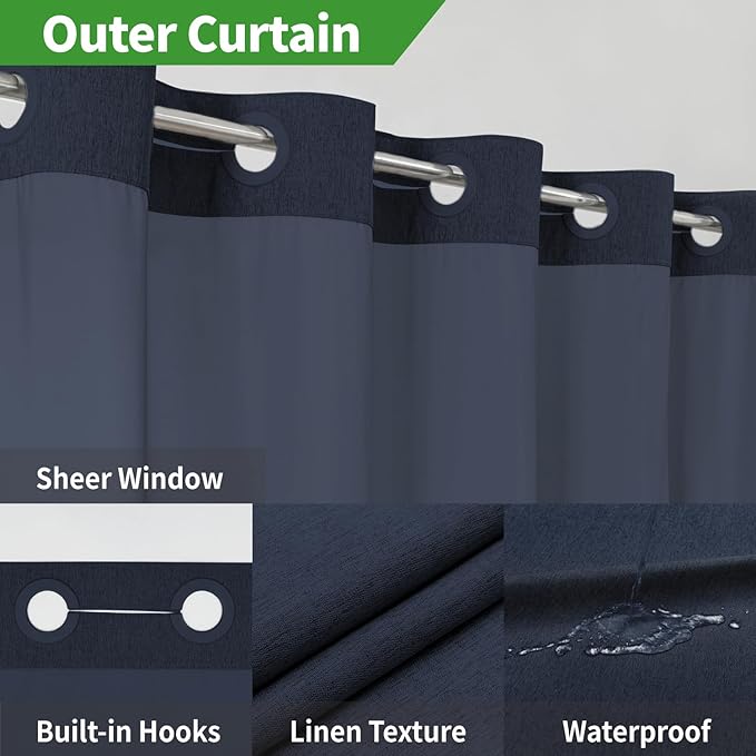 Stall No Hooks Needed Linen Textured Shower Curtain with Snap-in Fabric Liner Set,Hotel Luxury Decor Farmhouse Shower Curtains for Bathroom,Waterproof & Washable,54Wx80H,Navy Blue