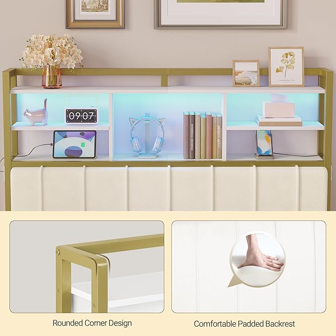 Headboard with 3-Tier Storage Shelves, Velvet Upholstered Head Board with 2 Outlets, USB Ports & LED Light, Soft Backrest for Full Size Bed, White and Gold BH13803A