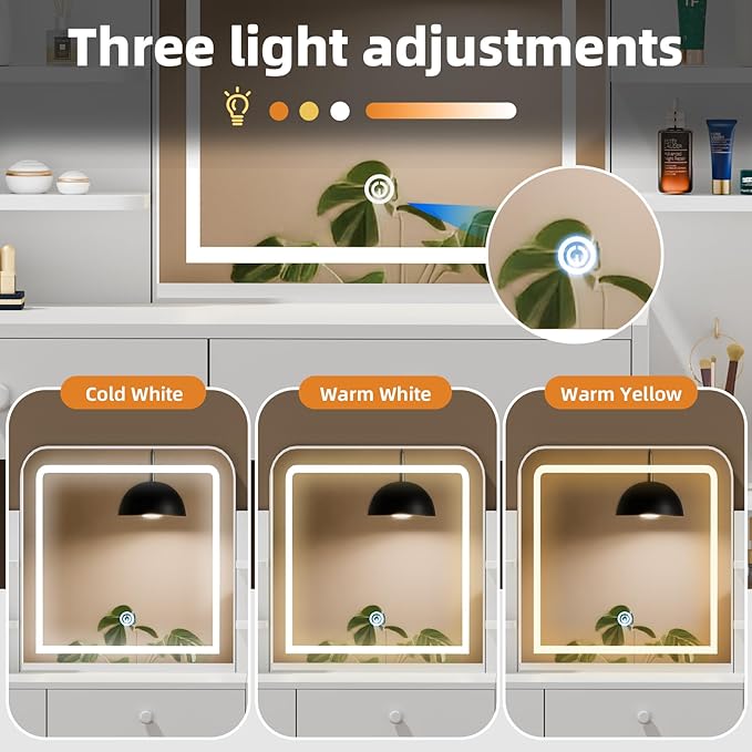 White Makeup Vanity Desk with Square LED Mirror & 6 Open Shelves - 3-Color Adjustable Lighting, 3 Drawers + Right-Side Sloped Design, Dressing Table for Bedroom, Women, Teens