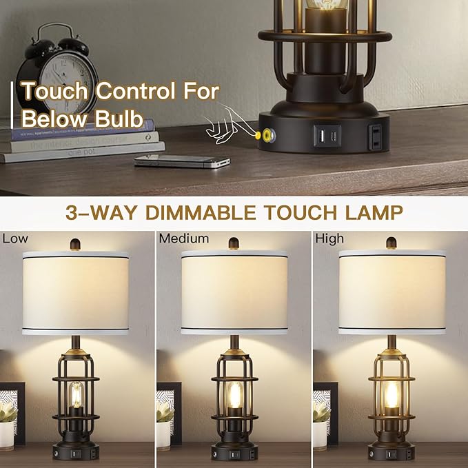Modern Table Lamps Set of 2, Industrial 3-Way Dimmable Bedside Lamp with USB A+C Ports & AC Outlet, 25" Touch Control Nightstand Lamp LED Night Light for Living Room Bedroom Home(4 Bulbs Included)
