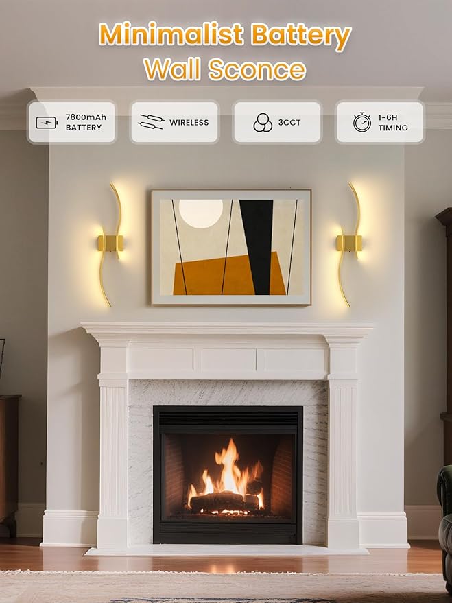 NIORSUN 27.6 Inch Battery Operated Wall Sconce Set of 2, Gold Modern Rechargeable Wall Lights with Remote, 3CCT Dimmable Wireless Wall Lamp for Living Room Bedroom Hallway