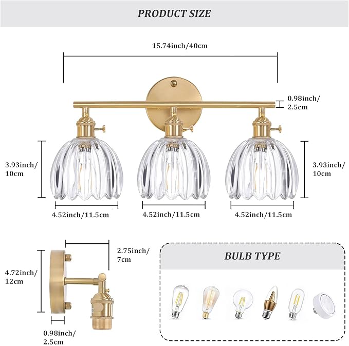 Bathroom Light Fixtures, 3-Light Brass Vanity Wall Light Over Mirror with Clear Tulip Glass Shade for Bedroom Living Room