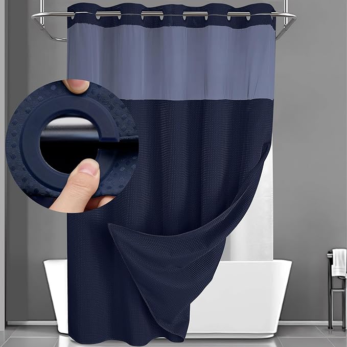 YellyHommy No Hook Shower Curtain with Snap in Liner Set Less Time Navy Blue Waffle Shower Curtain for Bathroom 75" L x 72" W