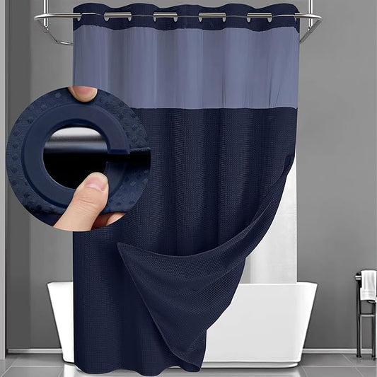 YellyHommy No Hook Shower Curtain with Snap in Liner Set Less Time Navy Blue Waffle Shower Curtain for Bathroom 75" L x 72" W