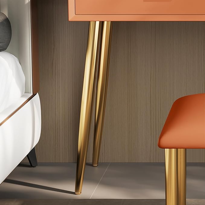 IKuinen Makeup Vanity Desk with Mirror and Lights, Small Vanity Table with 2 Drawers, Stool,Vanity Set for Bedroom with Microfiber Leather, 3 Lighting Modes - 31.5In Orange