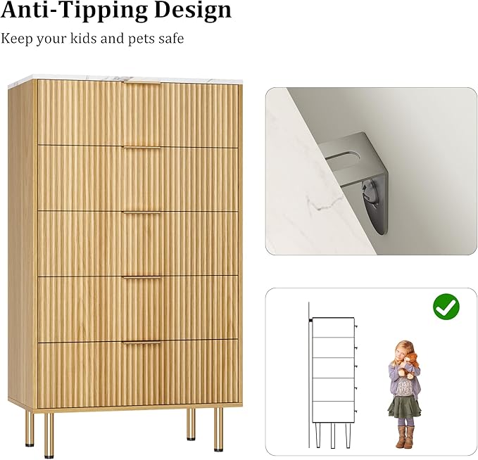 Fluted Wood Dresser 5 Drawers Dresser for Bedroom, Modern Chest of Drawers, Tall Brown Dresser with Faux Marble Top and Gold Handle, Wood Drawer Organizer for Bedroom, Living Room, Hallway, Entryway