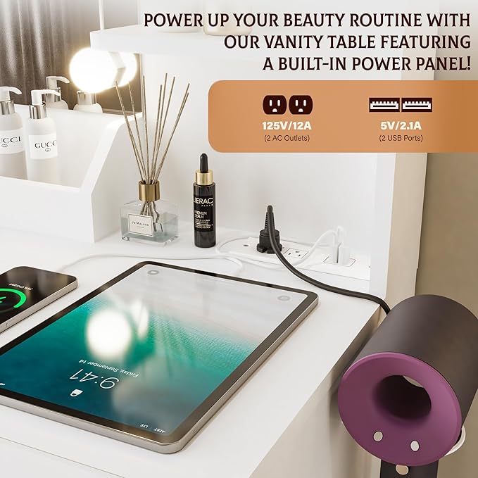 Vanity Desk with Mirror and Lights Dimmable LED Makeup Vanity Table with Drawers Side Cabinet 3 Storage Shelves Power Outlet Dressing Table Set include Holder Cushioned Stool for Bedroom(white)